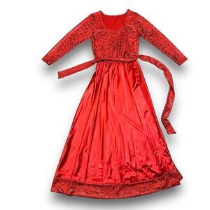 Custom made Holiday Maxi Dress with Removable Sash Red & Metallic Small